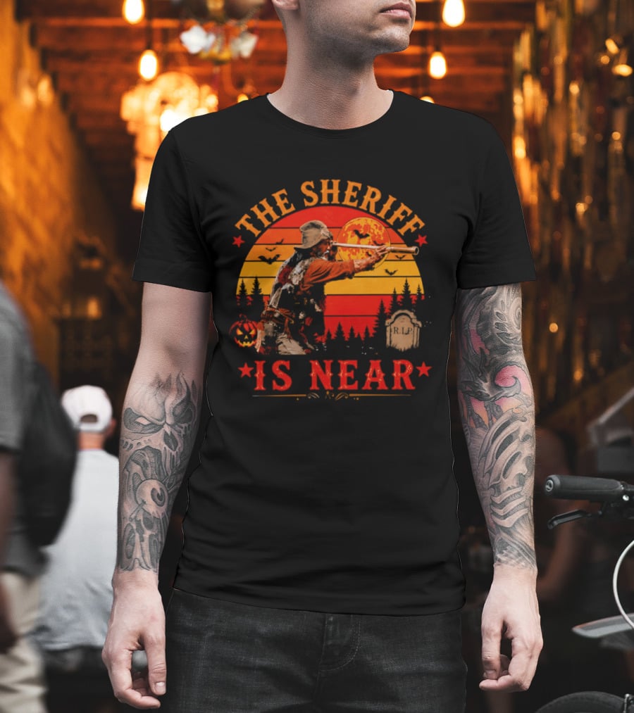 The Sheriff Is Near Halloween Cowboy Full Moon Tombstone Pumpkin Bats T-Shirt