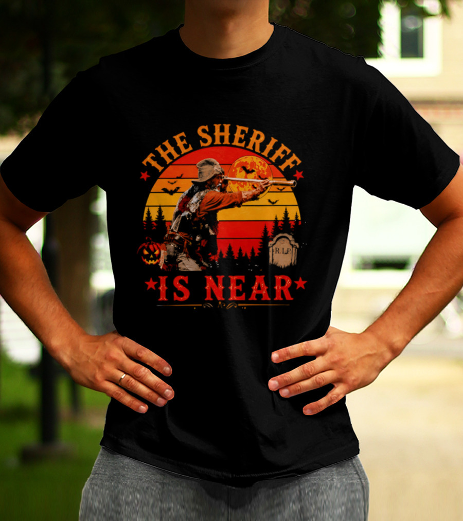 The Sheriff Is Near Halloween Cowboy Full Moon Tombstone Pumpkin Bats T-Shirt