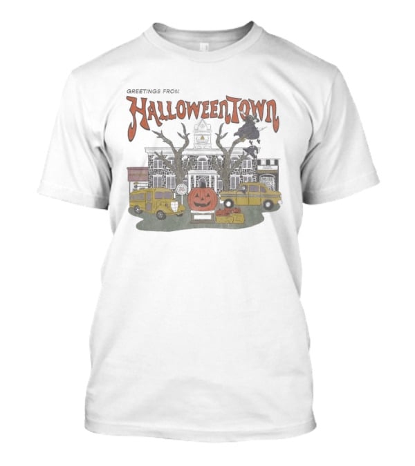Greetings From Halloweentown Spooky Pumpkin Taxi Bus Haunted House Scene T-Shirt