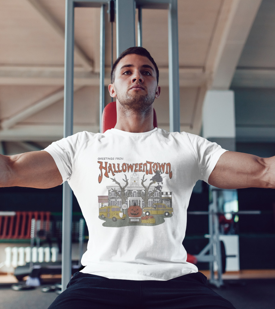 Greetings From Halloweentown Spooky Pumpkin Taxi Bus Haunted House Scene T-Shirt
