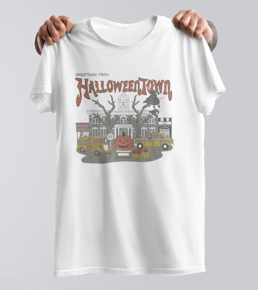 Greetings From Halloweentown Spooky Pumpkin Taxi Bus Haunted House Scene T-Shirt