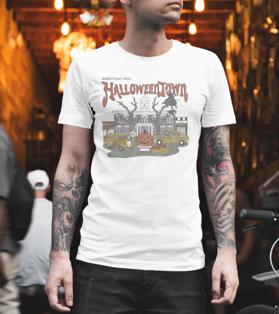 Greetings From Halloweentown Spooky Pumpkin Taxi Bus Haunted House Scene T-Shirt