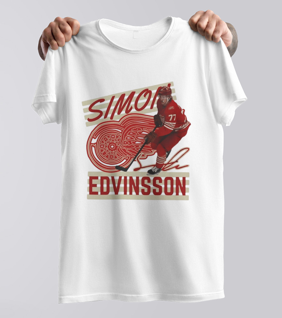 Simon Edvinsson 77 Detroit Red Wings Signature Hockey T-Shirt