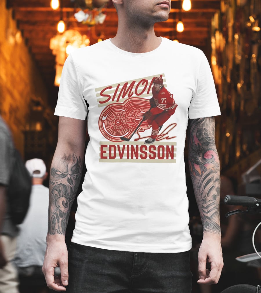 Simon Edvinsson 77 Detroit Red Wings Signature Hockey T-Shirt