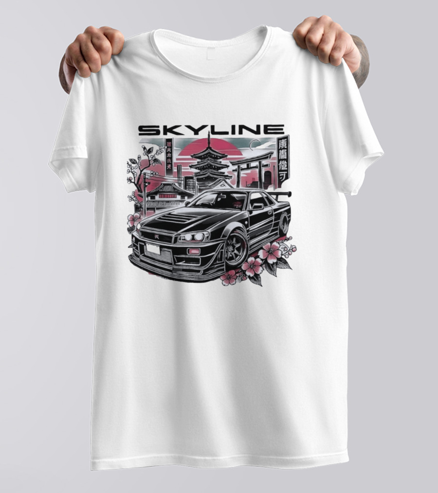Skyline Japanese Cherry Blossom Car Pagoda Sun Blossoms T-Shirt
