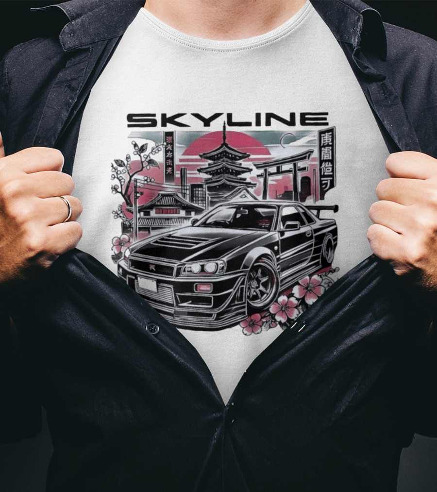 Skyline Japanese Cherry Blossom Car Pagoda Sun Blossoms T-Shirt