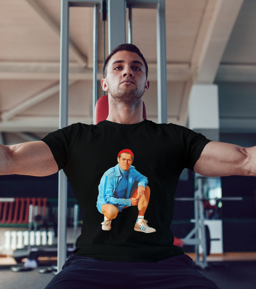 Willem Dafoe Meme Red Beanie Blue Tracksuit Squatting Pose T-Shirt