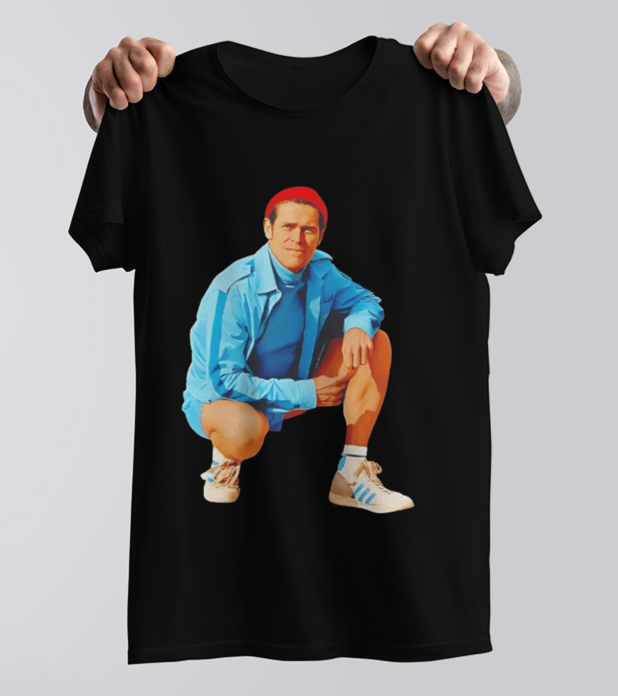 Willem Dafoe Meme Red Beanie Blue Tracksuit Squatting Pose T-Shirt
