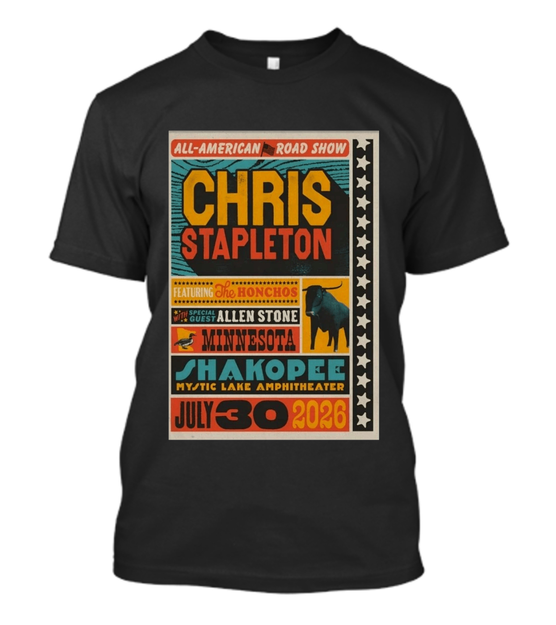 All American Road Show Chris Stapleton Featuring The Honchos With Special Guest Allen Stone Shakopee Minnesota Mystic Lake Amphitheater July 30 2026 T-Shirt