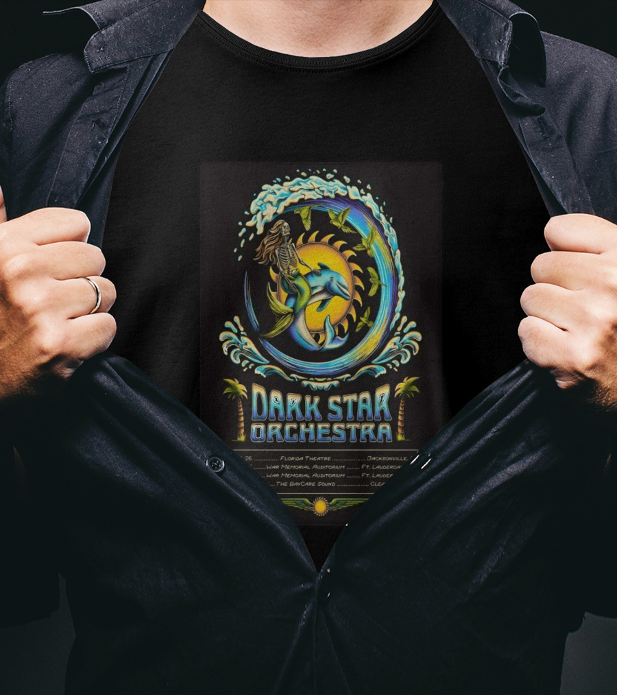 Dark Star Orchestra 2026 Florida Tour Dolphin Skeleton Wave Art And Dates T-Shirt