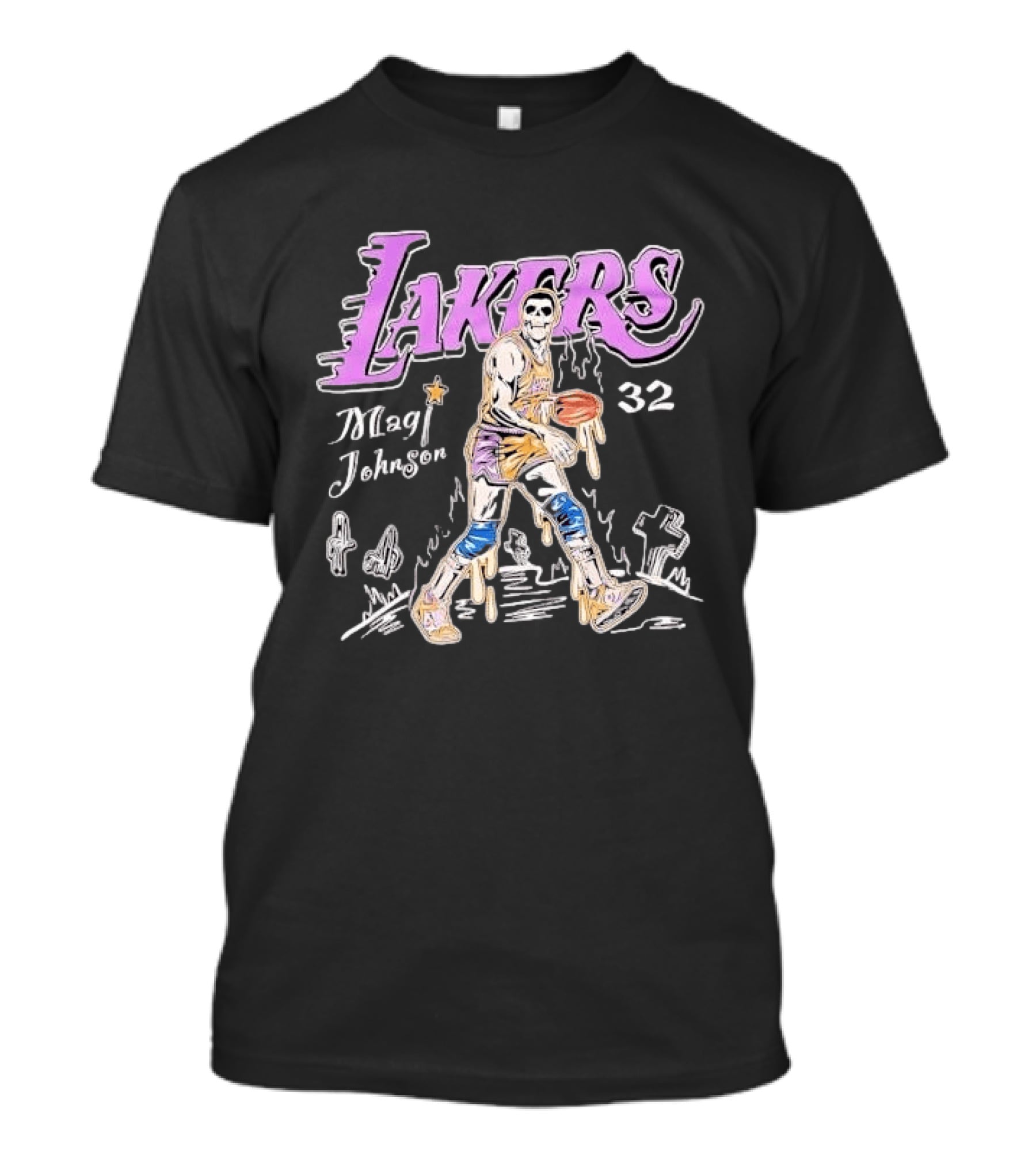 Lakers Magic Johnson 32 Skull Basketball Dribbling T-Shirt