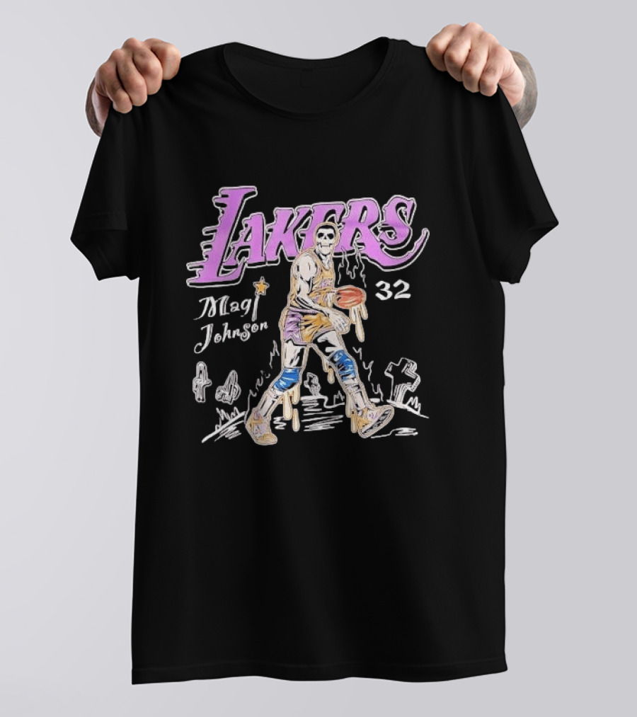 Lakers Magic Johnson 32 Skull Basketball Dribbling T-Shirt