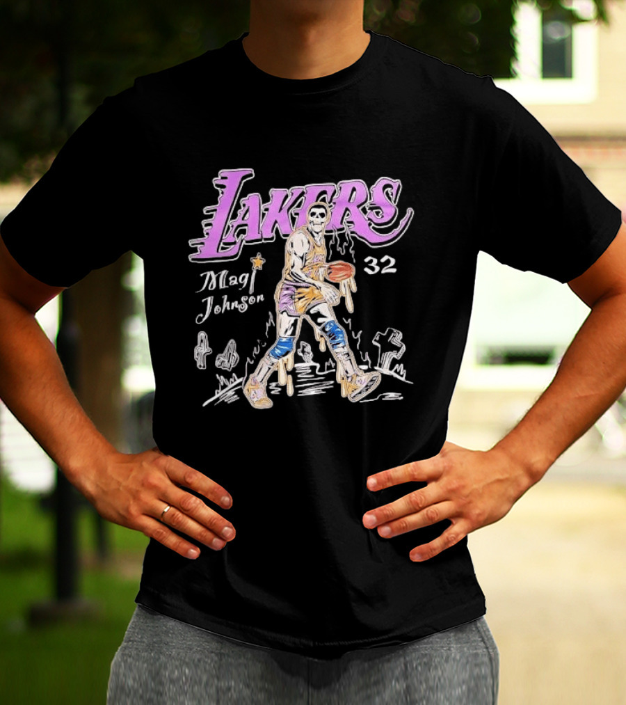 Lakers Magic Johnson 32 Skull Basketball Dribbling T-Shirt