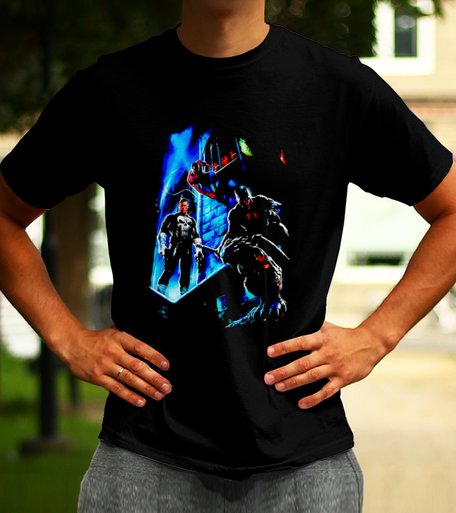 Marvel Comics Vigilante Action The Punisher Spider Man Daredevil Urban Battle Scene T-Shirt