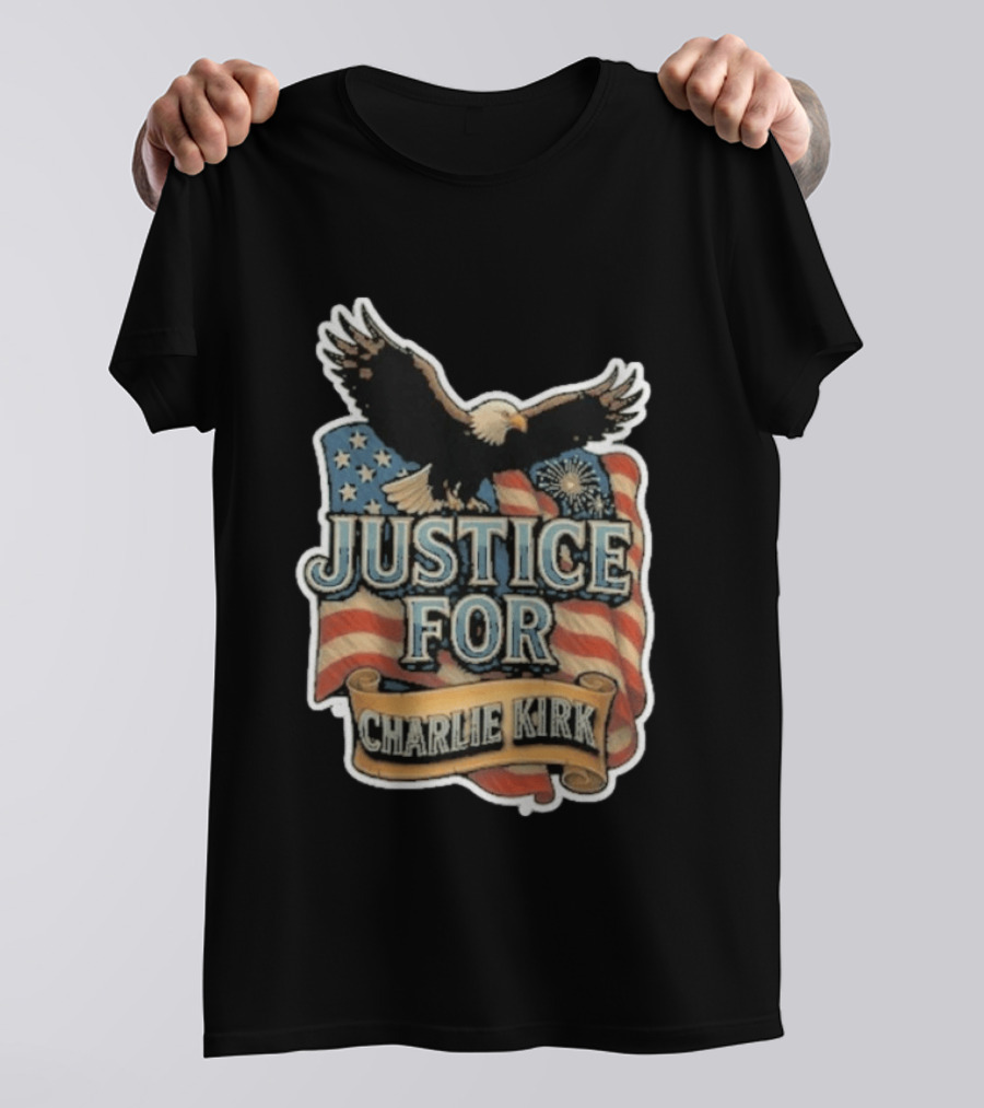 Justice For Charlie Kirk Bald Eagle American Flag Banner T-Shirt