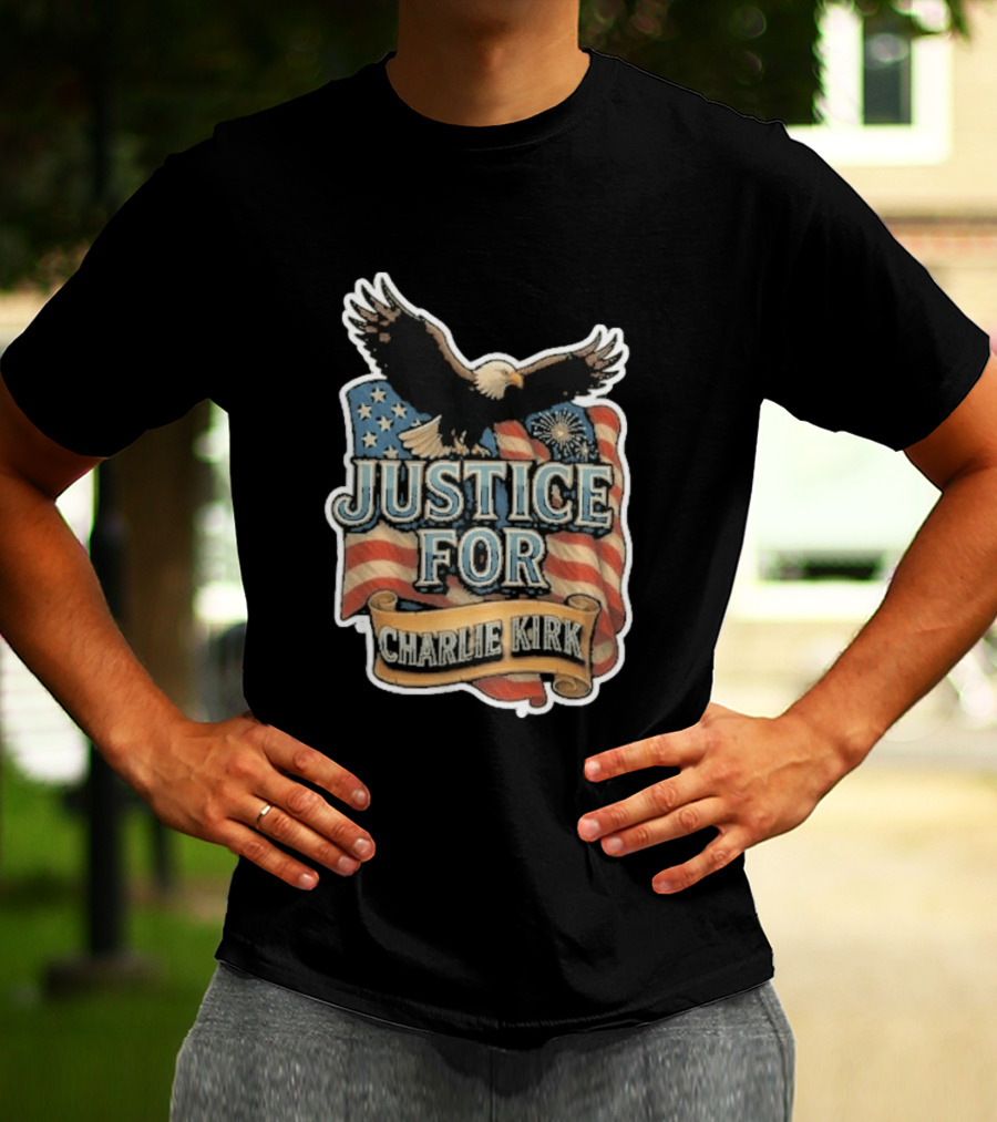Justice For Charlie Kirk Bald Eagle American Flag Banner T-Shirt