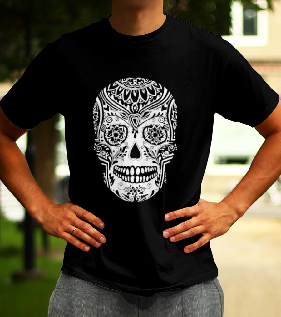 Sugar Skull Artistic Decorative Detailed Black White Intricate Motif T-Shirt