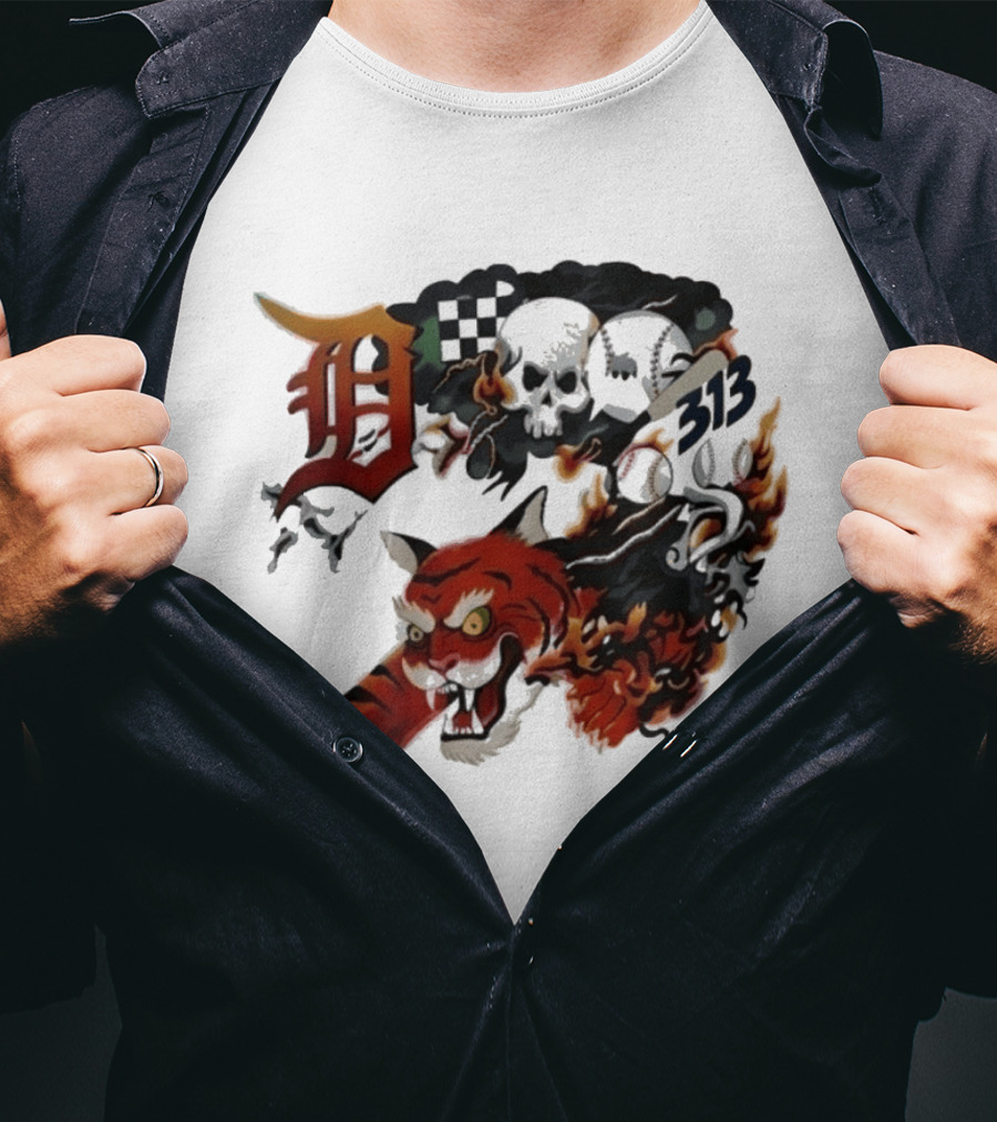 Detroit Tigers Boys & Girls Clubs Of Greater Detroit 313 Skulls Tiger Flame 2026 T-Shirt