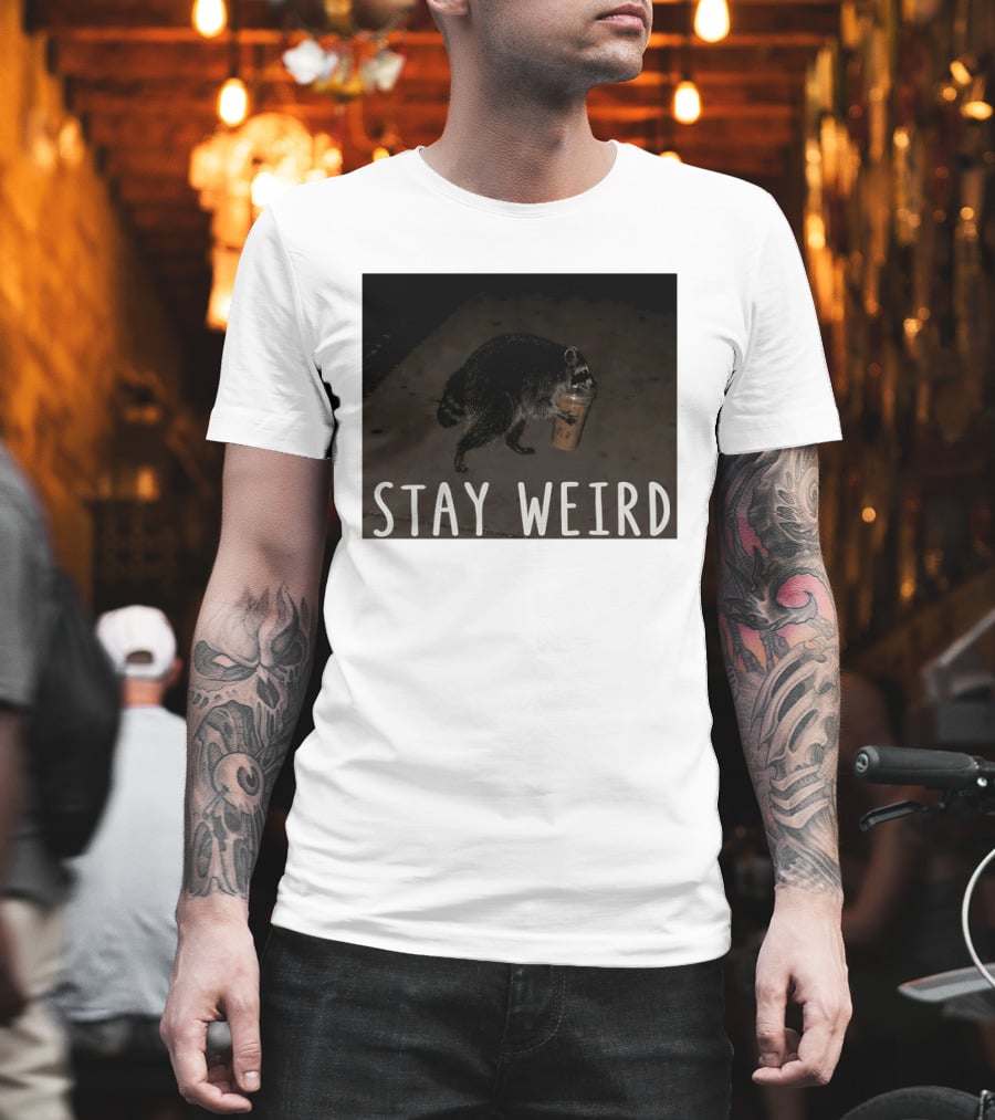 Jimothy Raccoon Drinking Iced Coffee Stay Weird Animal Lover Meme T-Shirt