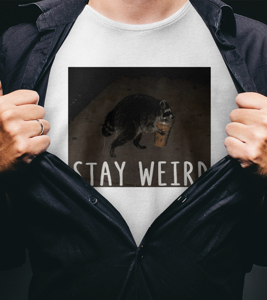 Jimothy Raccoon Drinking Iced Coffee Stay Weird Animal Lover Meme T-Shirt