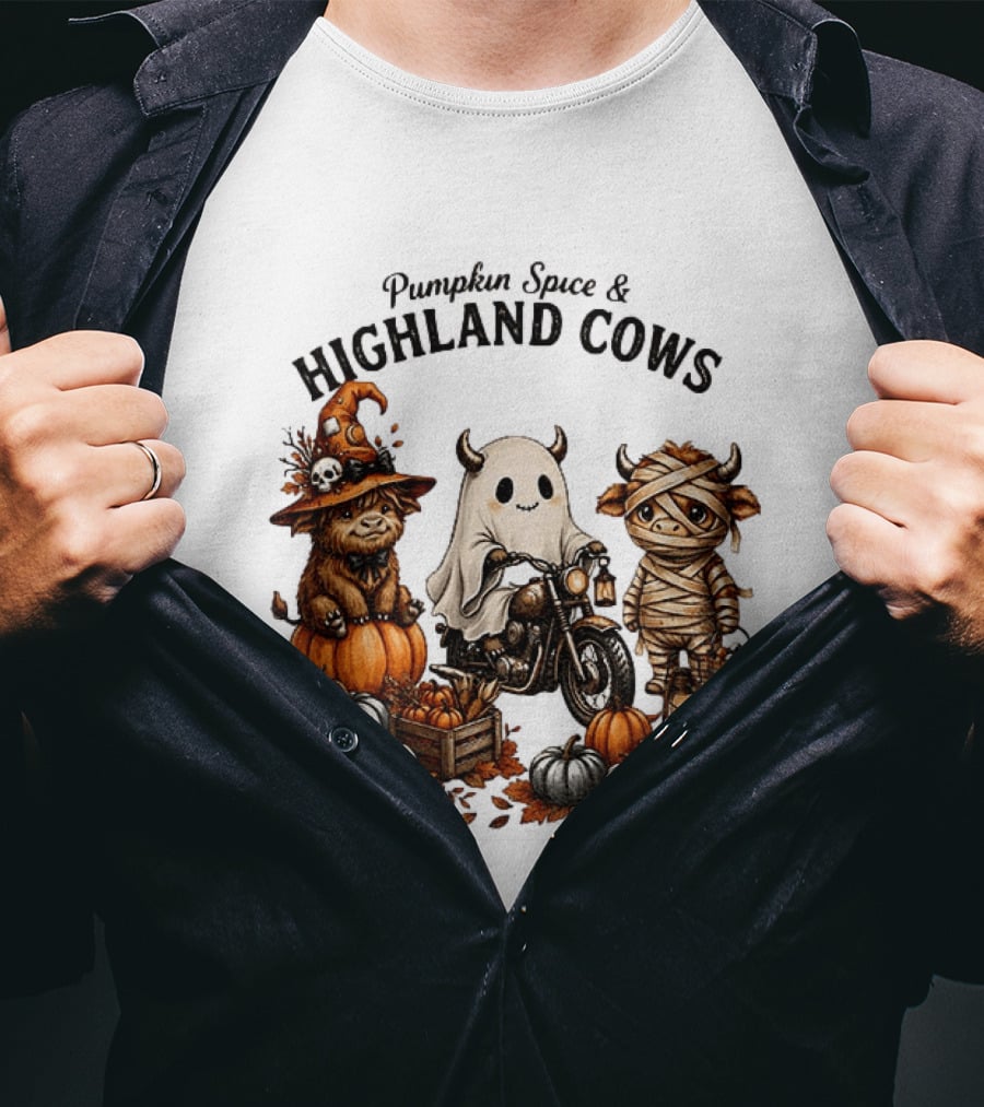 Pumpkin Spice And Highland Cows Halloween Fun T-Shirt