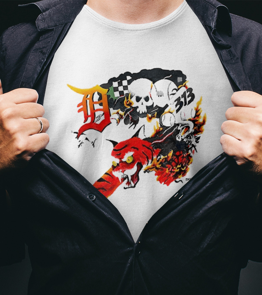 Skullxer 313 Detroit Tigers MLB 2026 With Flaming Devil And Skulls T-Shirt