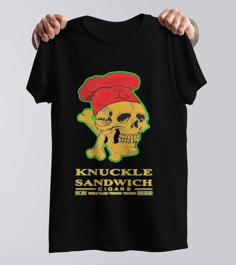 Knuckle Sandwich Cigars World Class Tobacco Skull With Red Chef Hat And Crossbones T-Shirt