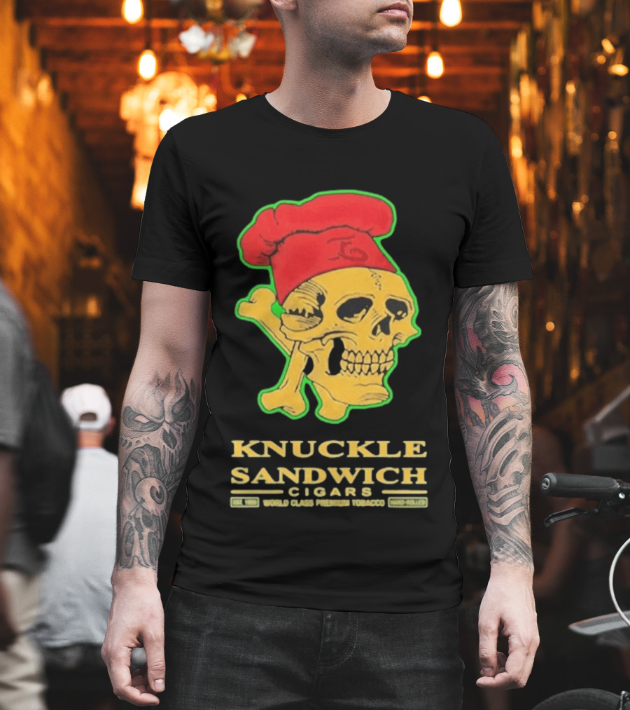 Knuckle Sandwich Cigars World Class Tobacco Skull With Red Chef Hat And Crossbones T-Shirt