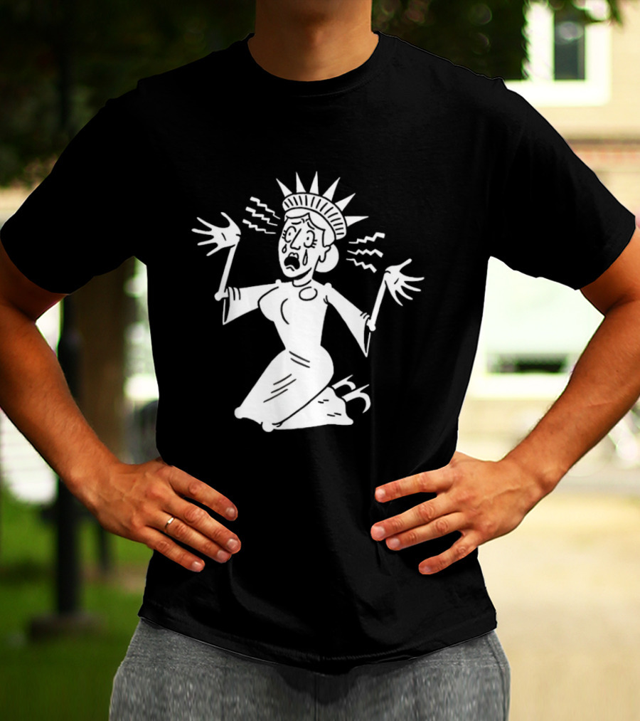 Lady Liberty Patriotic Panic Cartoon Sketch Yankee Doodle Distress T-Shirt