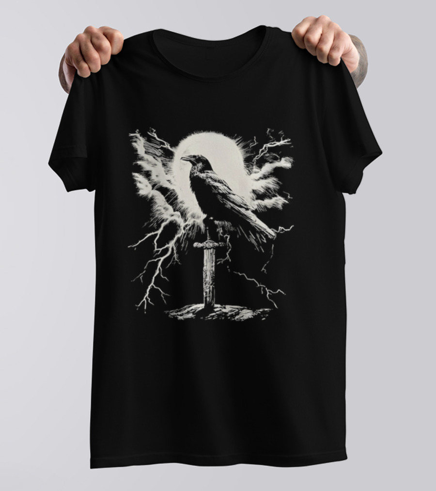 Raven On Sword With Lightning And Moon T-Shirt