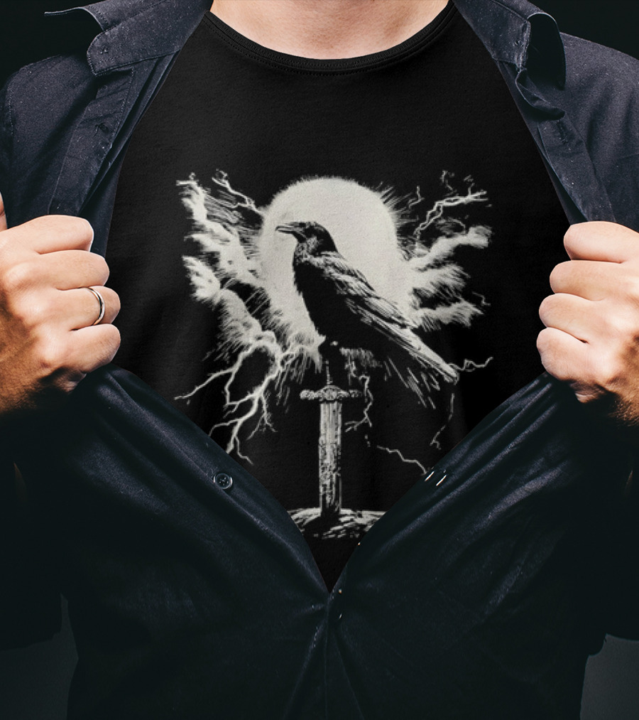 Raven On Sword With Lightning And Moon T-Shirt