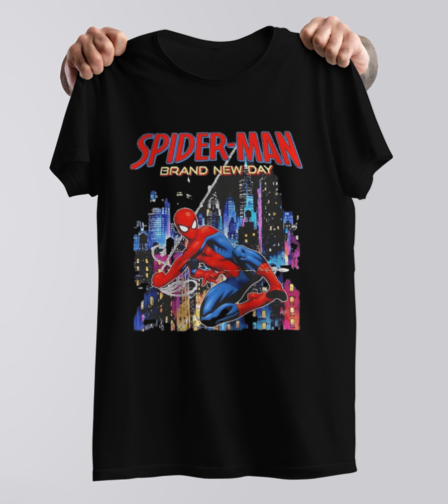 Spider Man Brand New Day Web Superhero Swinging City Night Marvel Studios T-Shirt