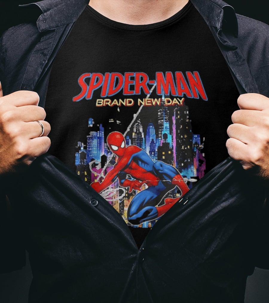 Spider Man Brand New Day Web Superhero Swinging City Night Marvel Studios T-Shirt