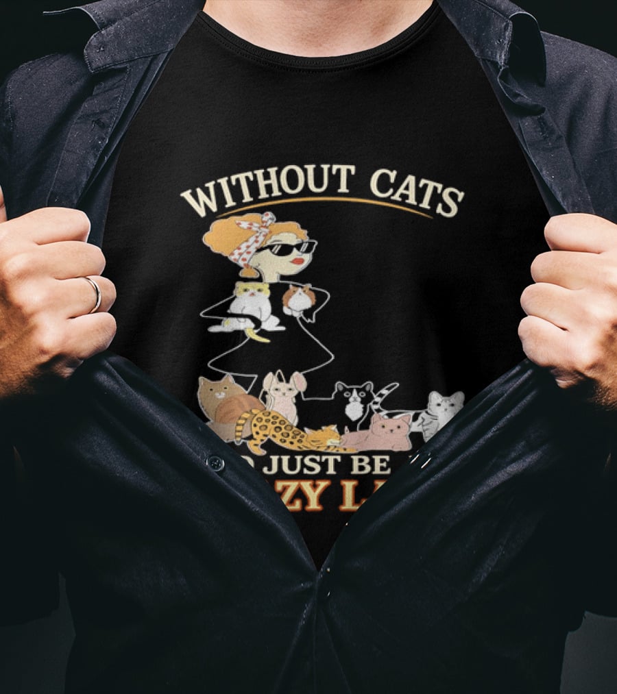Without Cats I'd Just Be A Crazy Lady Pet Lover Vintage Cartoon T-Shirt