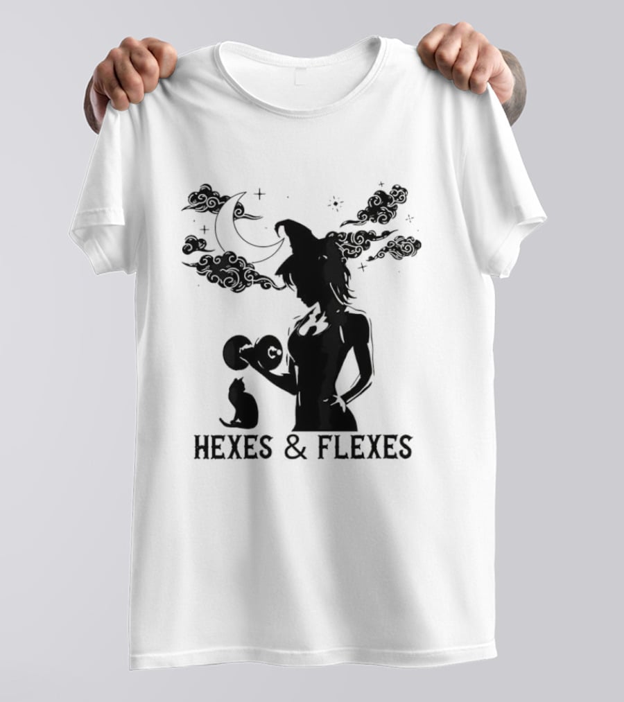 Spooky Fitness Witch Lifting Dumbbell With Cat Hexes & Flexes Moon Clouds T-Shirt