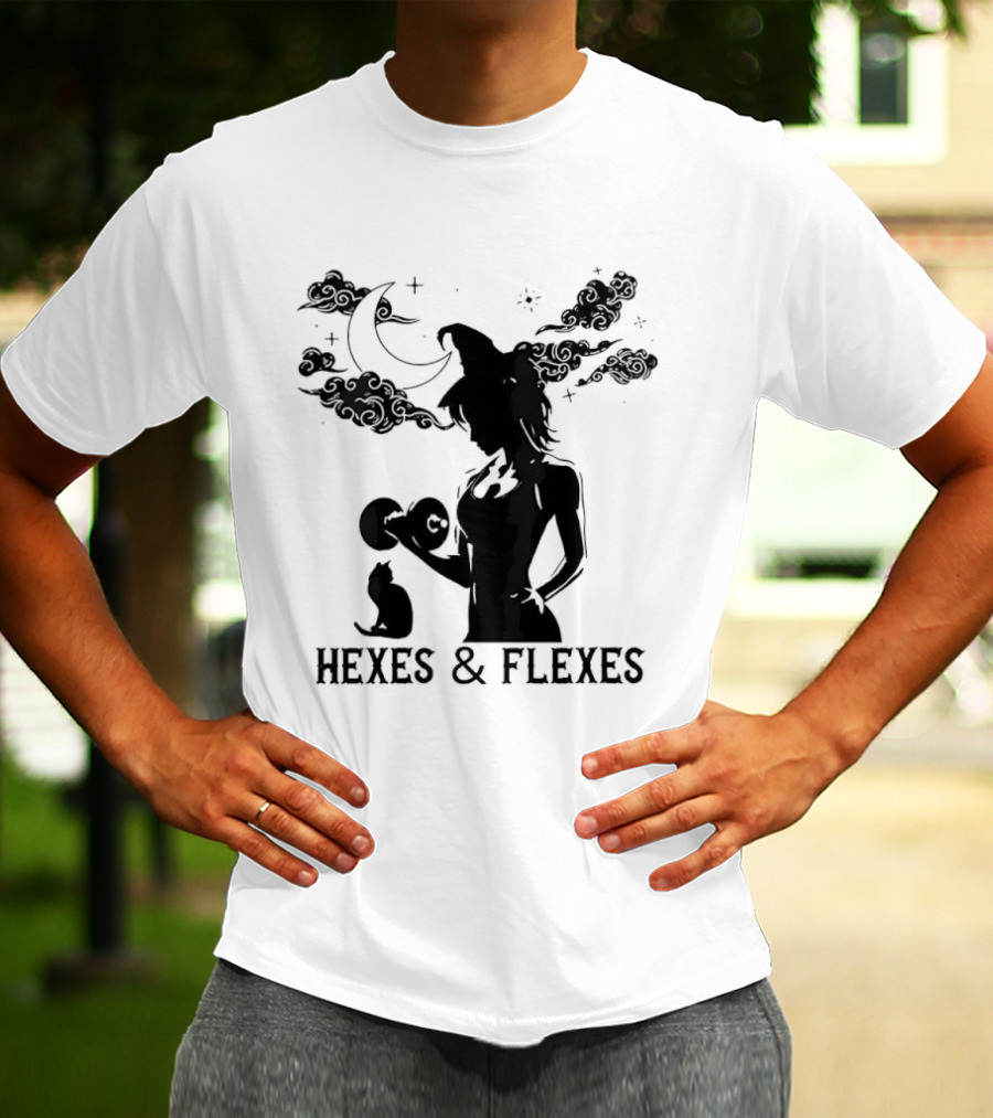 Spooky Fitness Witch Lifting Dumbbell With Cat Hexes & Flexes Moon Clouds T-Shirt