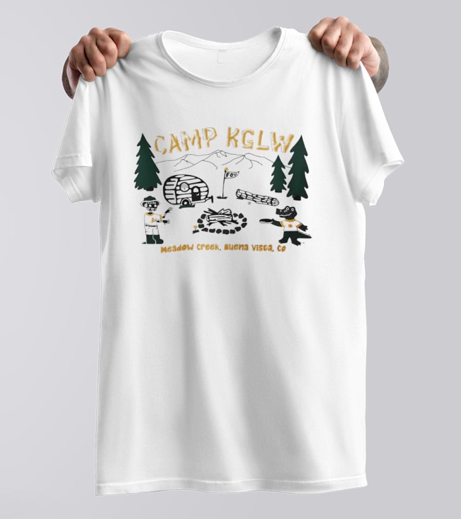 Camp KGLW Meadow Creek Buena Vista CO Skeleton Gator Camping Disc Golf T-Shirt