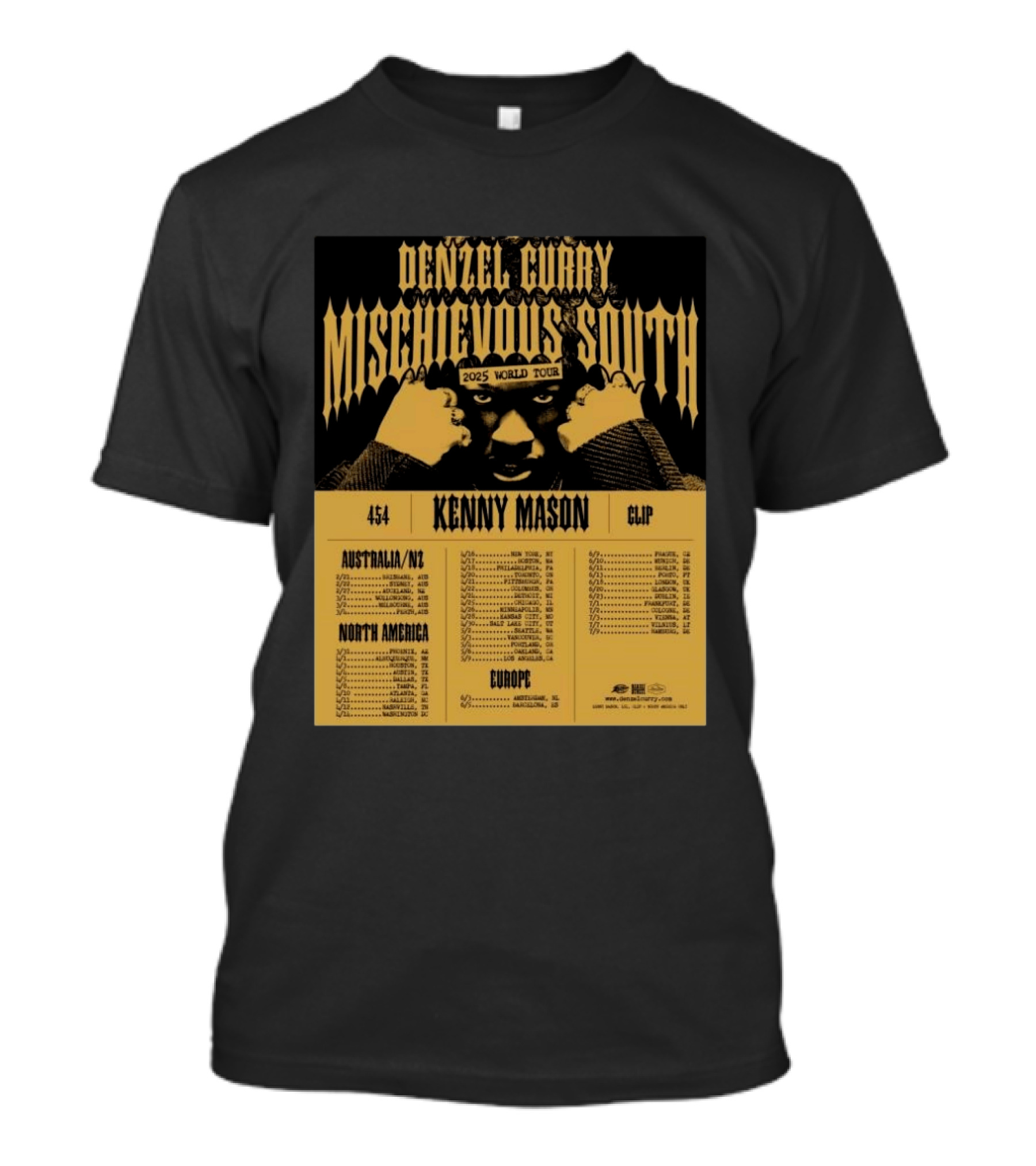 Denzel Curry Mischievous South 2025 World Tour Kenny Mason Clip 454 Australia North America Europe Dates T-Shirt