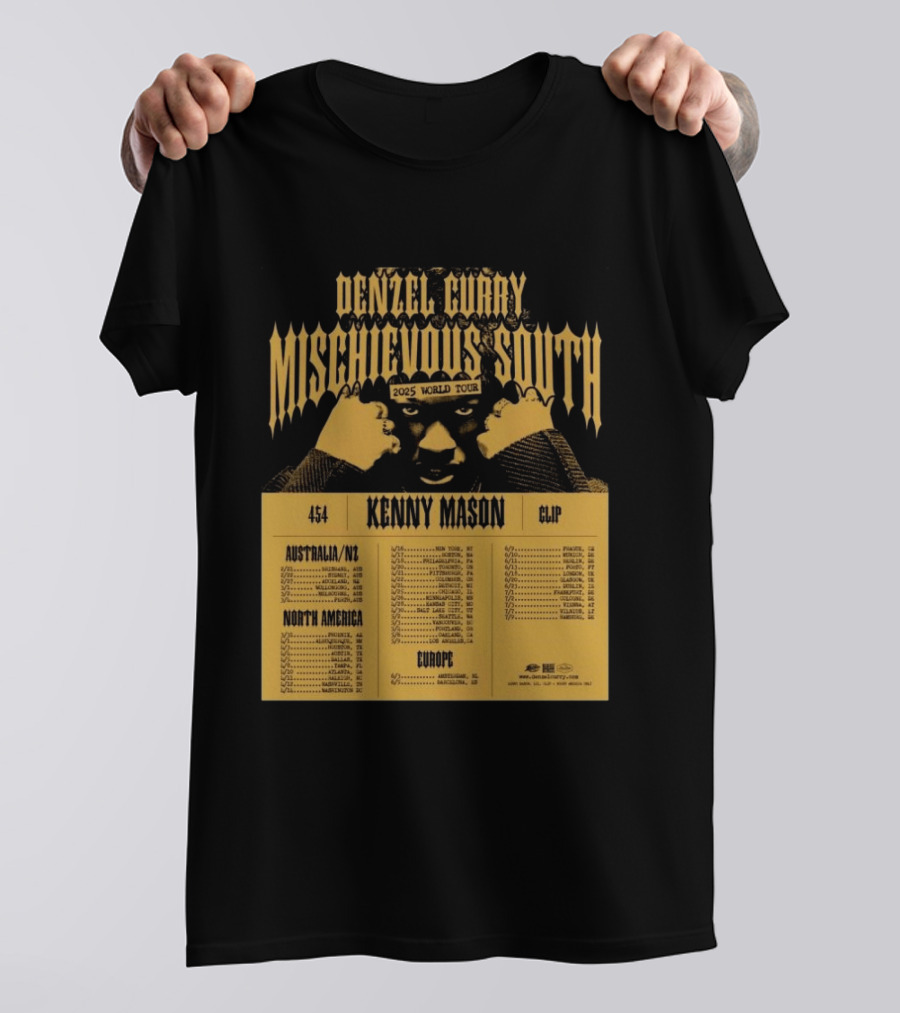 Denzel Curry Mischievous South 2025 World Tour Kenny Mason Clip 454 Australia North America Europe Dates T-Shirt