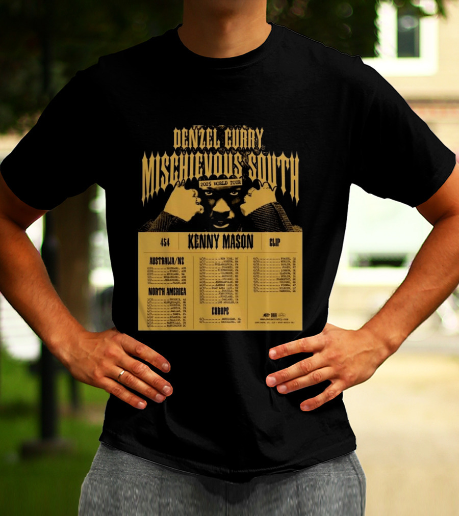Denzel Curry Mischievous South 2025 World Tour Kenny Mason Clip 454 Australia North America Europe Dates T-Shirt
