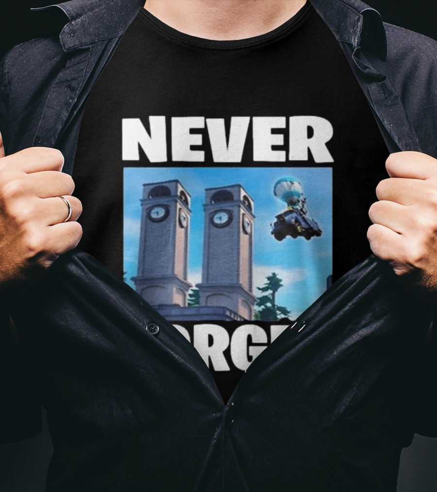 NEVER FORGET Twin Tilted Towers Fortnite Battle Bus T-Shirt
