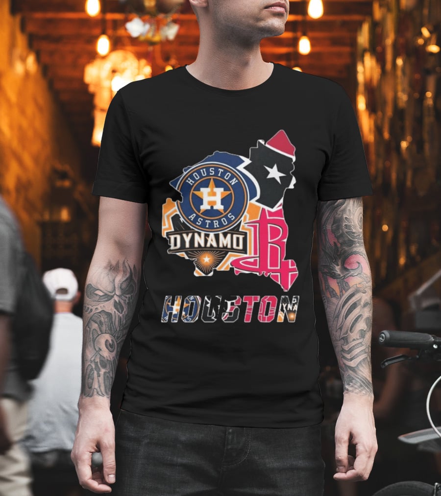 Houston Astros Texans Dynamo Rockets Map Logo Collage T-Shirt
