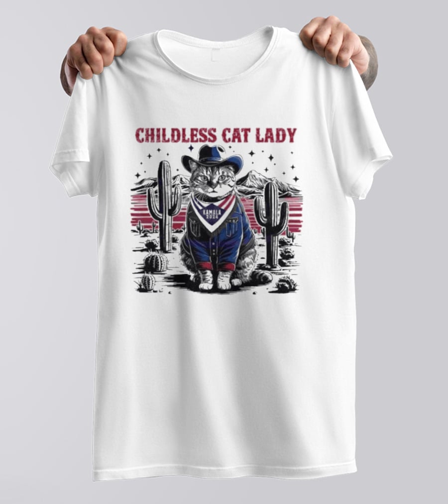 Kamala 2024 Childless Cat Lady Cowboy Desert Cactus Scene T-Shirt