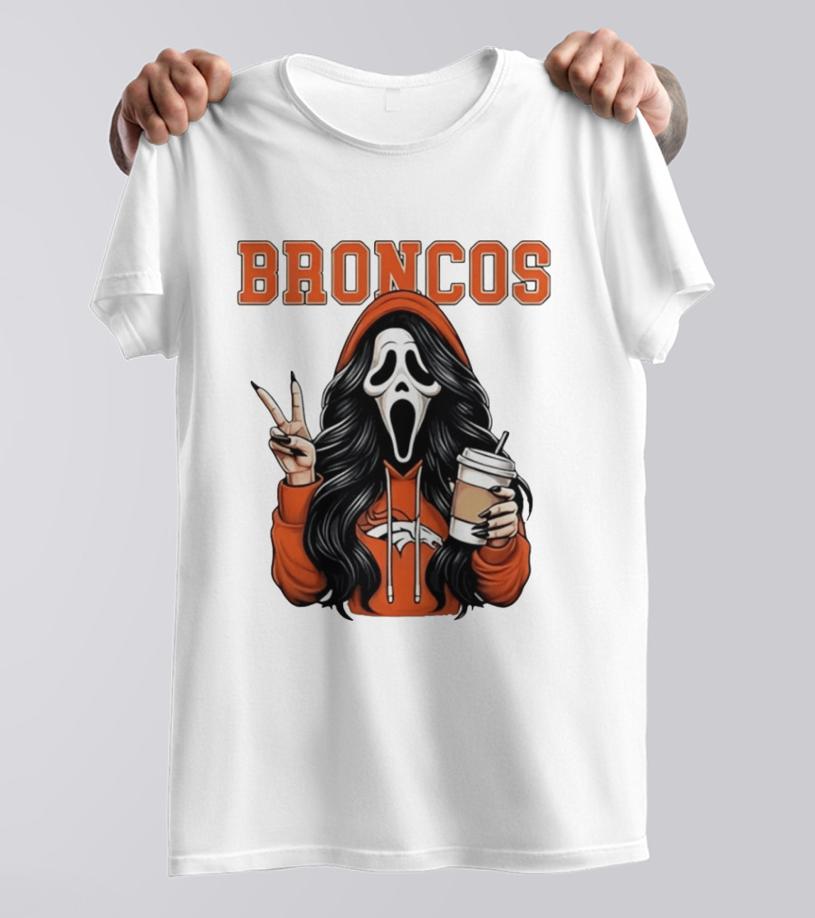 Broncos Ghostface Scream Halloween Coffee Peace Sign T-Shirt