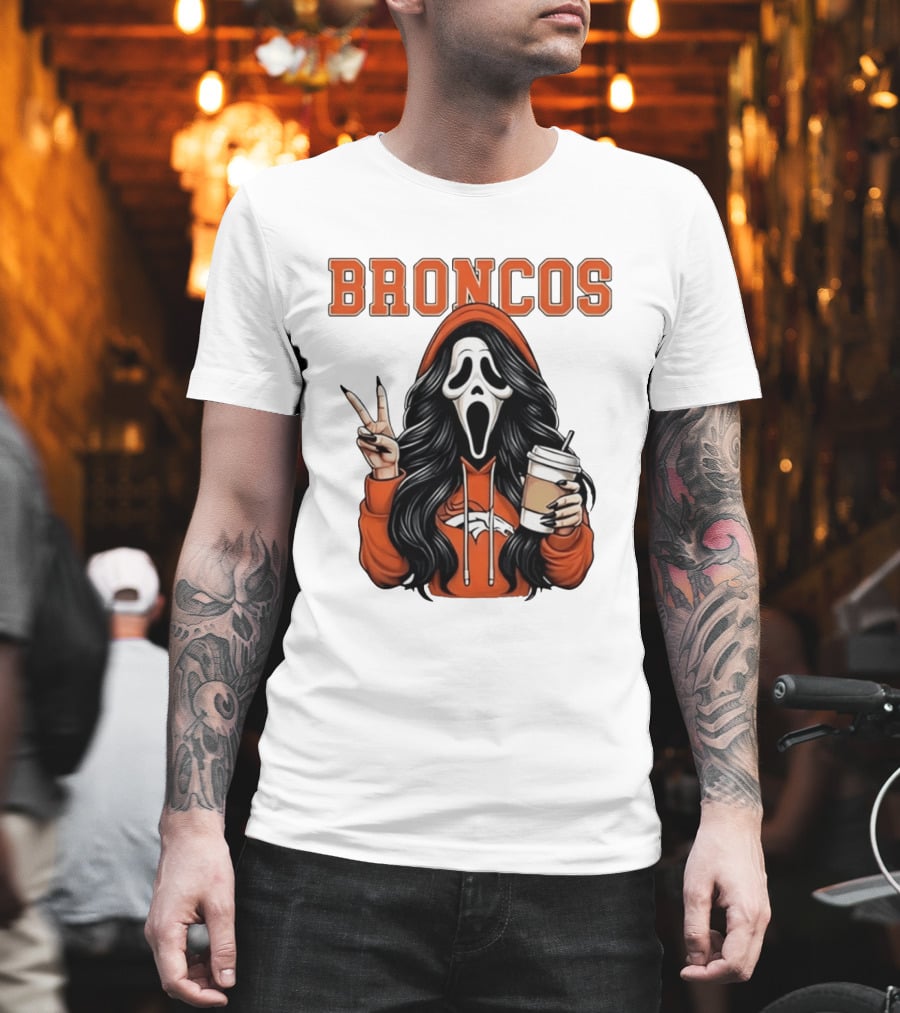 Broncos Ghostface Scream Halloween Coffee Peace Sign T-Shirt