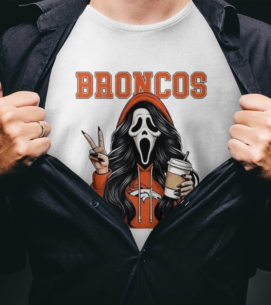 Broncos Ghostface Scream Halloween Coffee Peace Sign T-Shirt