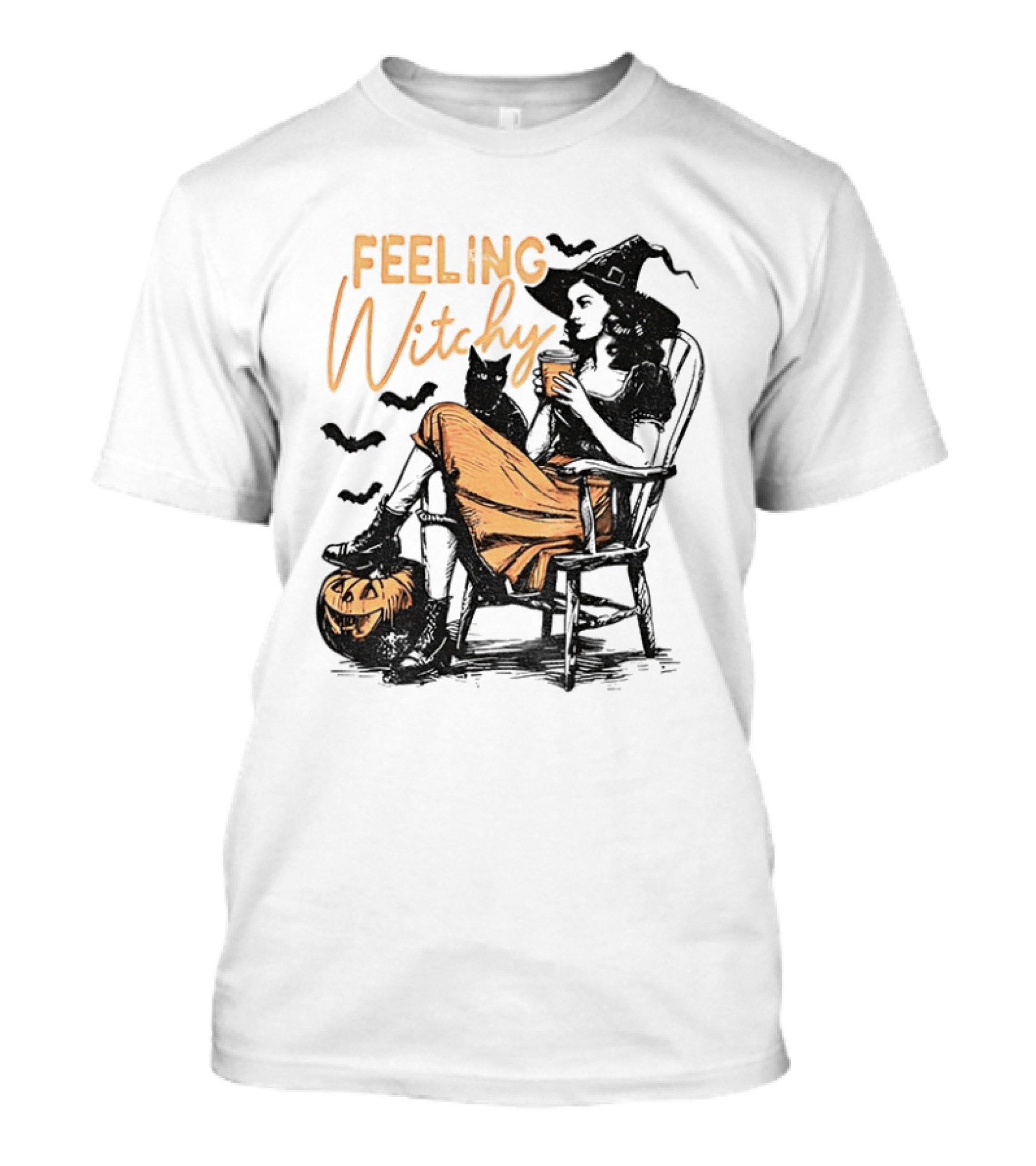 Feeling Witchy Witch With Pumpkin And Bats Halloween Vibes T-Shirt