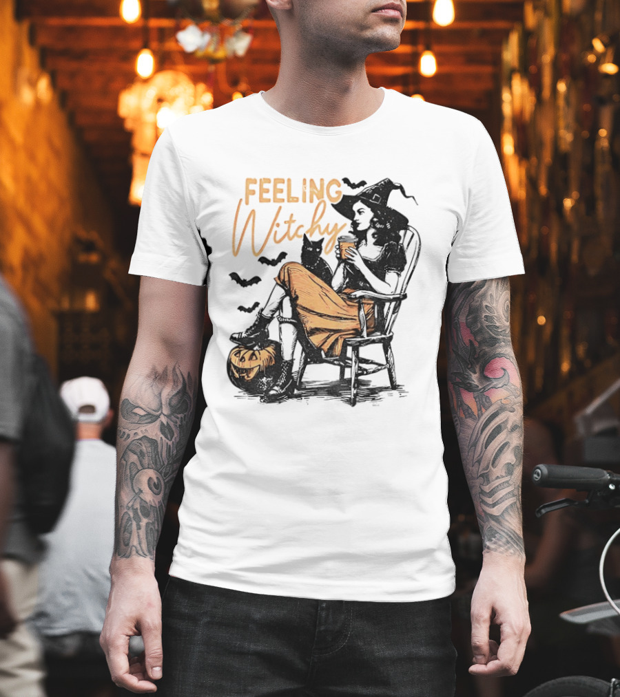 Feeling Witchy Witch With Pumpkin And Bats Halloween Vibes T-Shirt