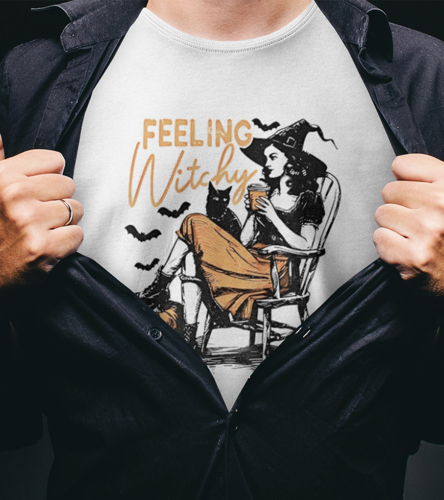 Feeling Witchy Witch With Pumpkin And Bats Halloween Vibes T-Shirt
