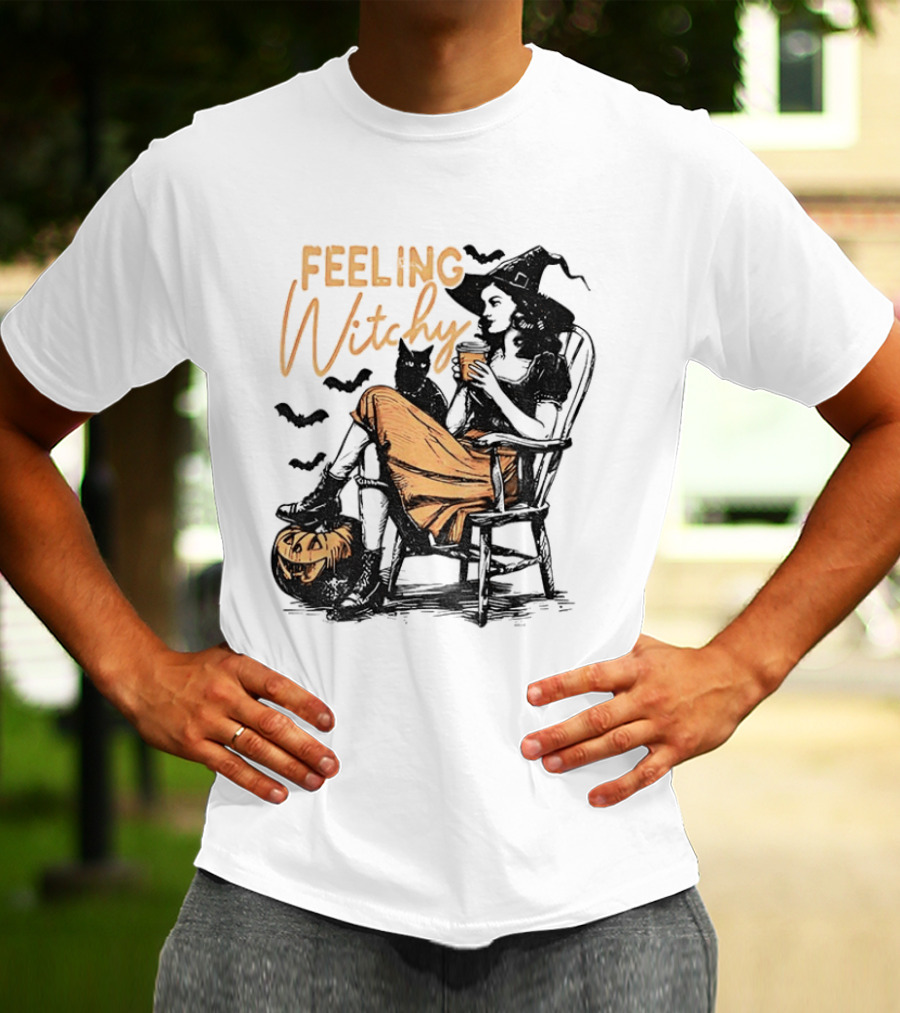 Feeling Witchy Witch With Pumpkin And Bats Halloween Vibes T-Shirt